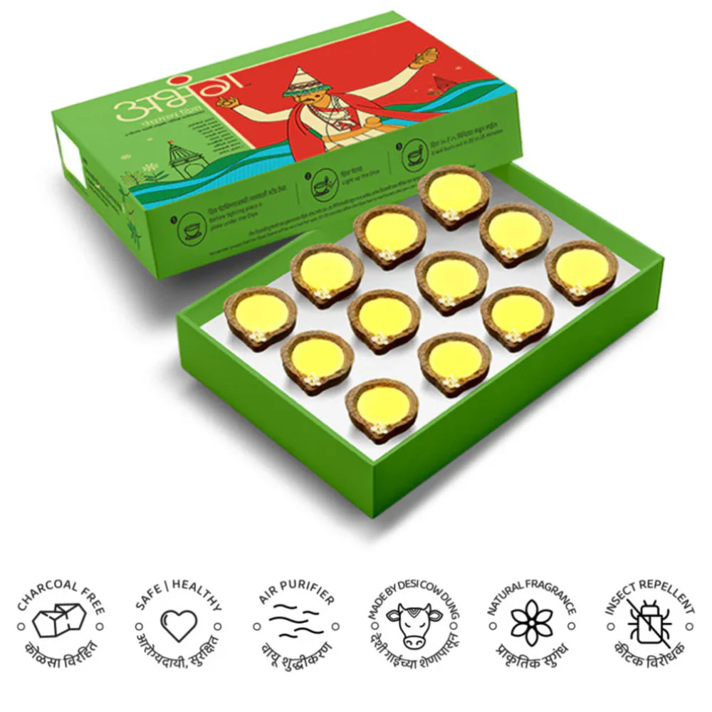 ABHANG Panchgavya Diya - Pack of 12 diyas,Charcoal Free, Long Lasting Natural Fragrance, Made By Cow Dung, No Artificial Essence