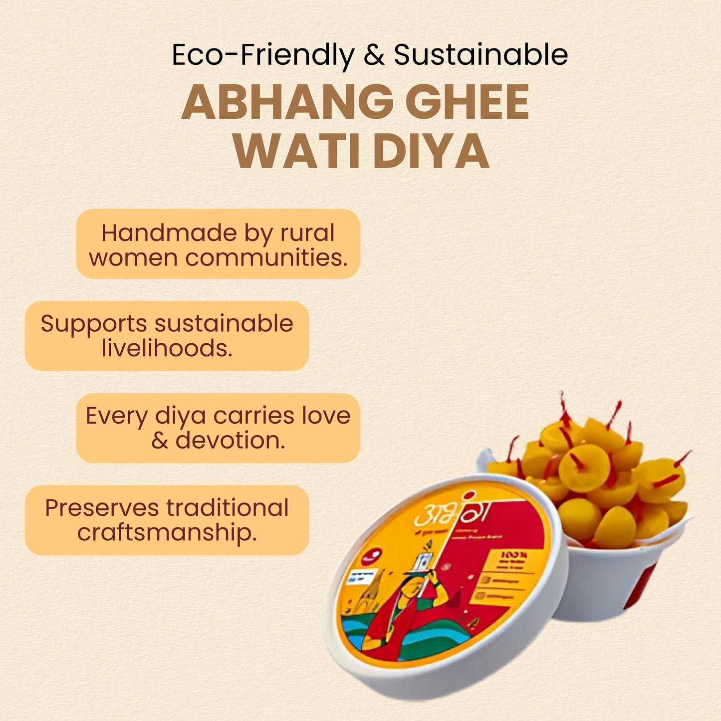 ABHANG Ghee Wati Diya - Pack of 35 pcs | 100% Wax Free-Made by Cow Ghee