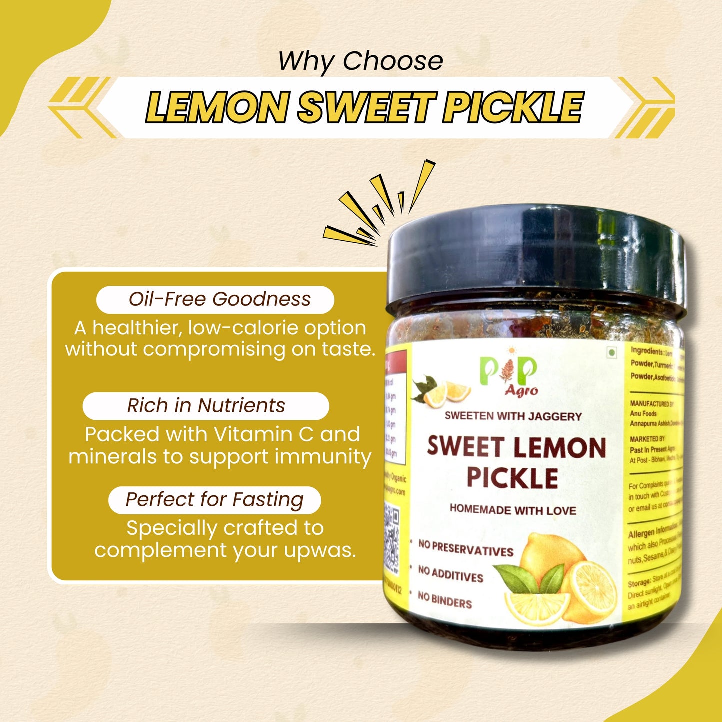 Upwas Lemon Sweet Pickle 300g | Sweet Lemon Pickle | लिंबू गोड लोणचे
