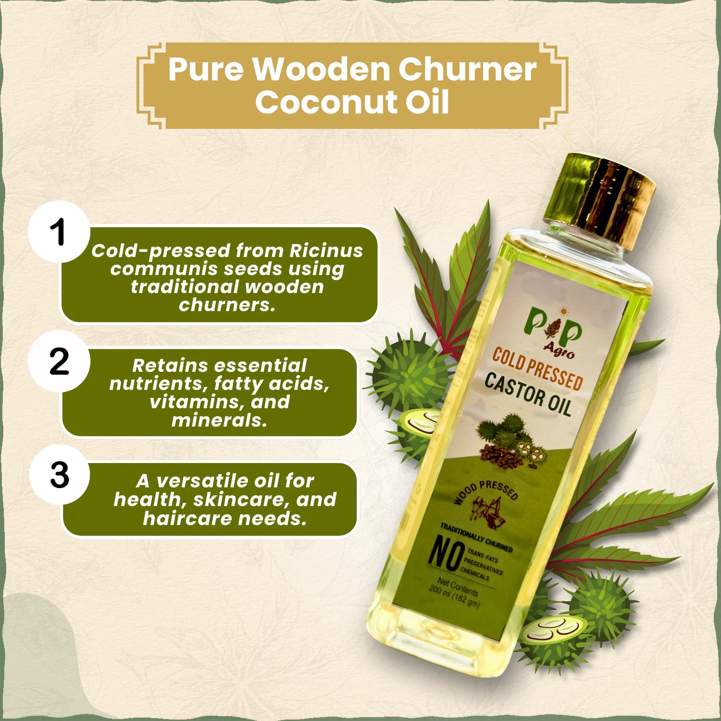 Wooden Churner Pressed Castor Oil - Cold Pressed | एरंड तेल