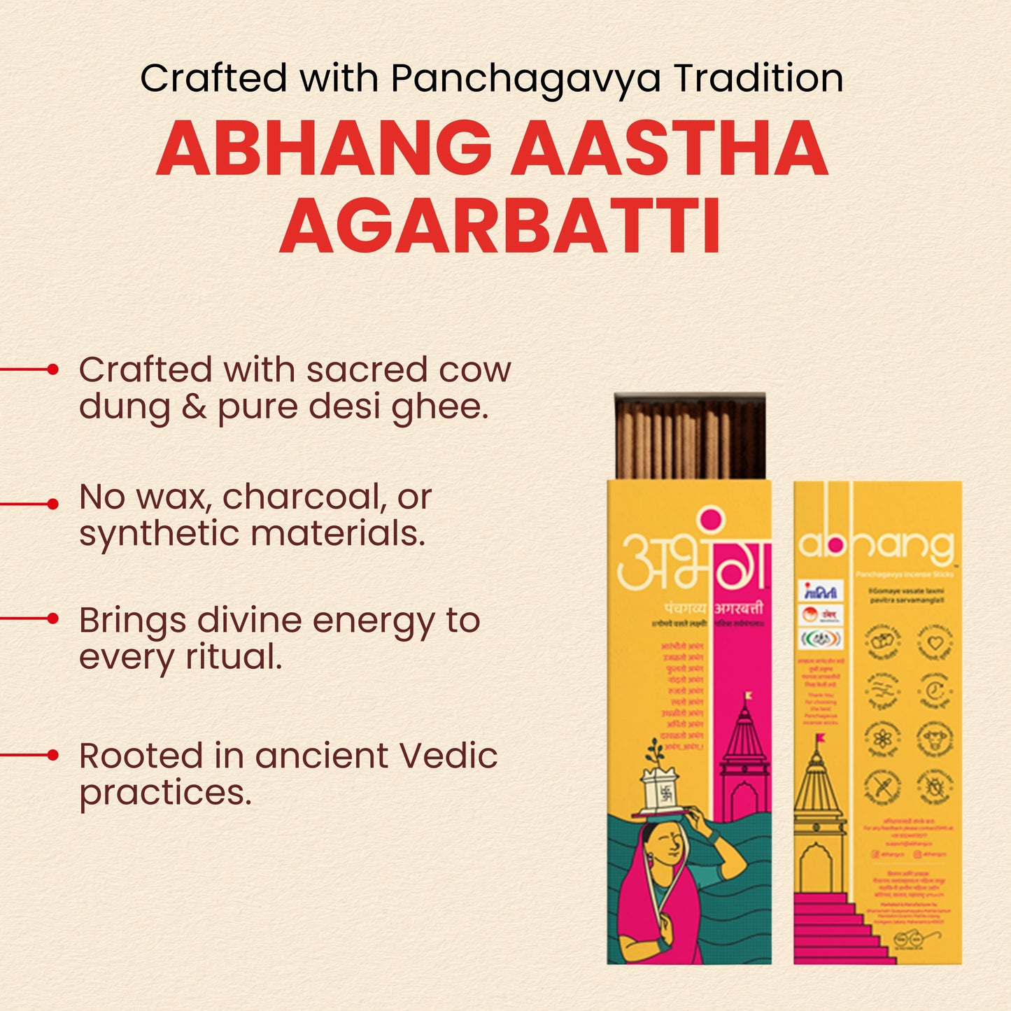 ABHANG Charcoal-Free AASTHA Panchagavya Intense Agarbatti - 100g Avg 60 sticks | Natural, Natural,Long-Lasting Fragrance,Made By Cow Dung, No Artificial Essence