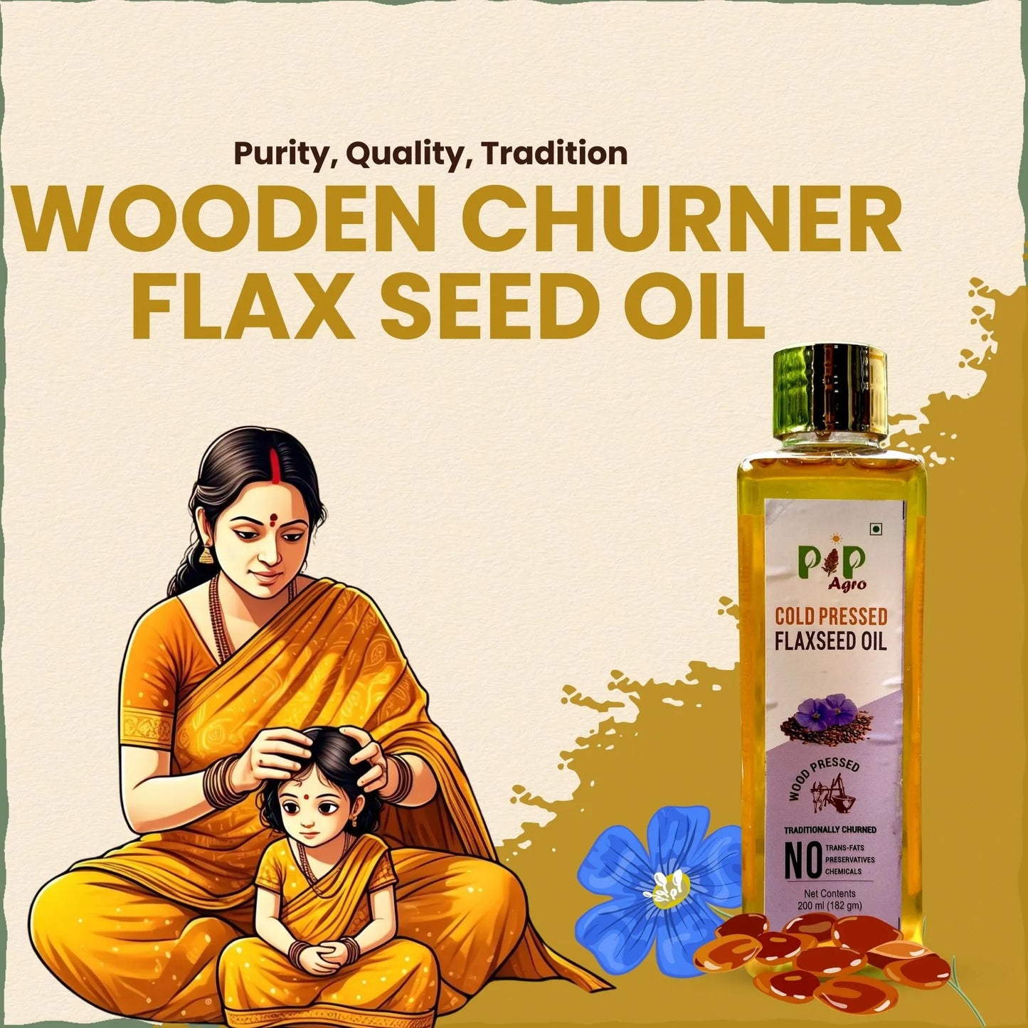 Wooden Churner Flax Seed Oil - Cold Pressed 200 ml | जवस तेल