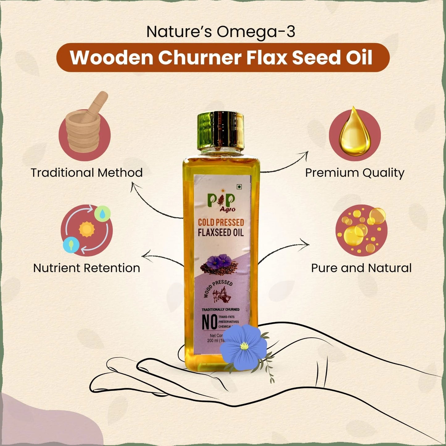 Wooden Churner Flax Seed Oil - Cold Pressed 200 ml | जवस तेल