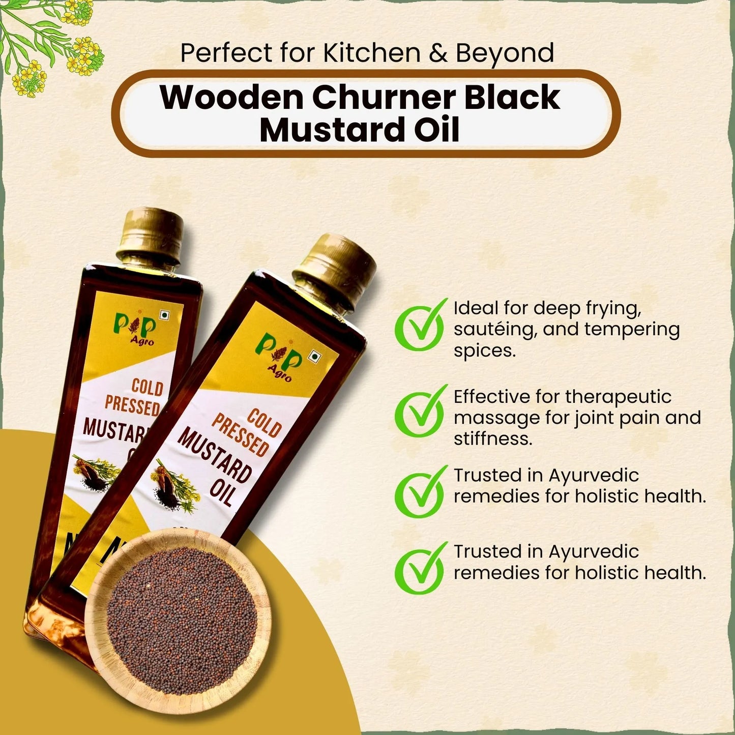 Wooden Churner Black Mustard Oil I Cold-Pressed | काळी मोहरी तेल