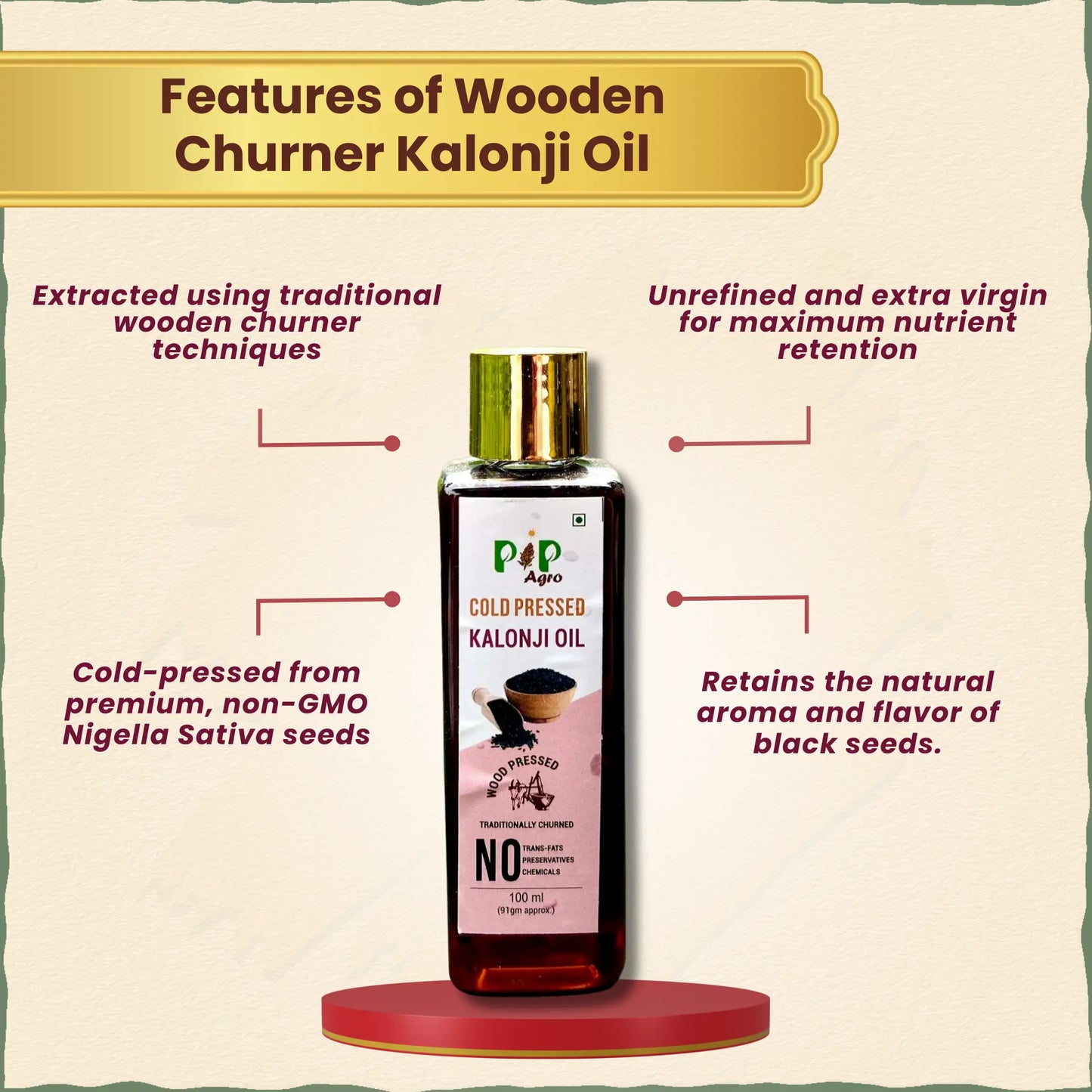 Wooden Churner Kalonji Oil | Protects Hair & Scalp - Cold Pressed | कलोंजी तेल