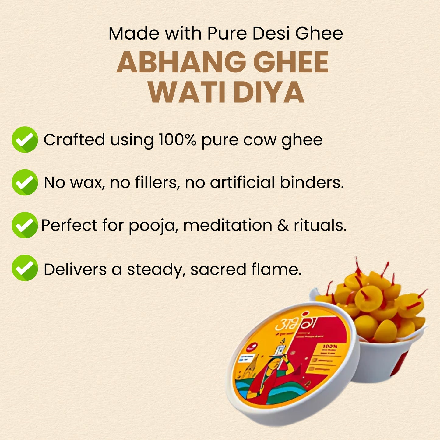 ABHANG Ghee Wati Diya - Pack of 35 pcs | 100% Wax Free-Made by Cow Ghee