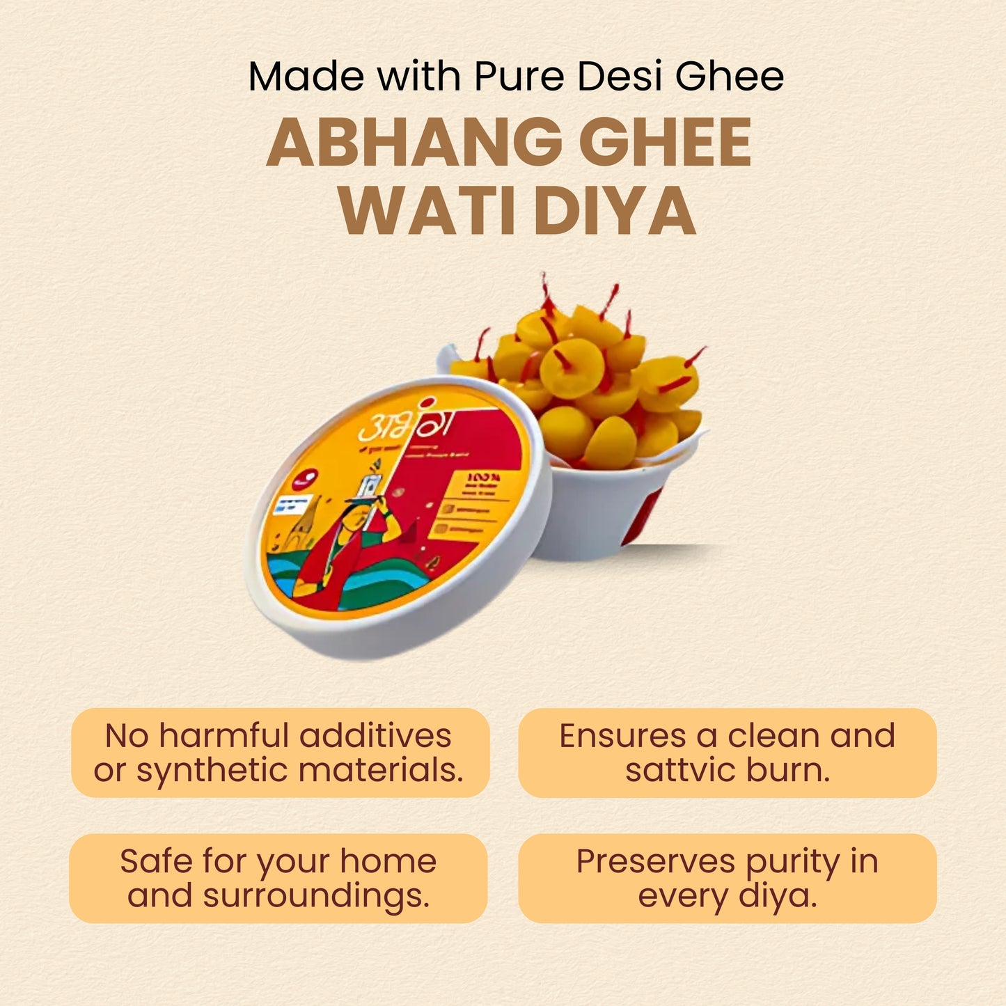 ABHANG Ghee Wati Diya - Pack of 35 pcs | 100% Wax Free-Made by Cow Ghee