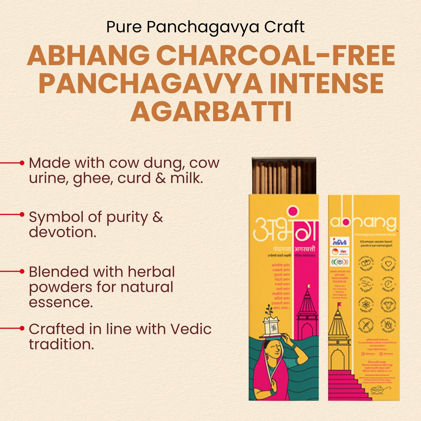 ABHANG Charcoal-Free Panchagavya Intense Agarbatti - 100g Avg 60 sticks | Natural, Natural,Long-Lasting Fragrance,Made By Cow Dung, No Artificial Essence