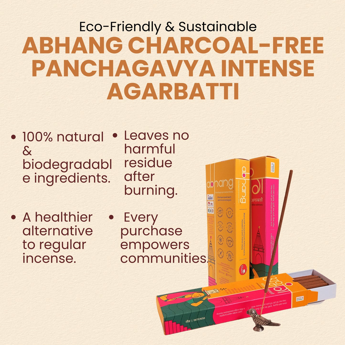 ABHANG Charcoal-Free Panchagavya Intense Agarbatti - 100g Avg 60 sticks | Natural, Natural,Long-Lasting Fragrance,Made By Cow Dung, No Artificial Essence