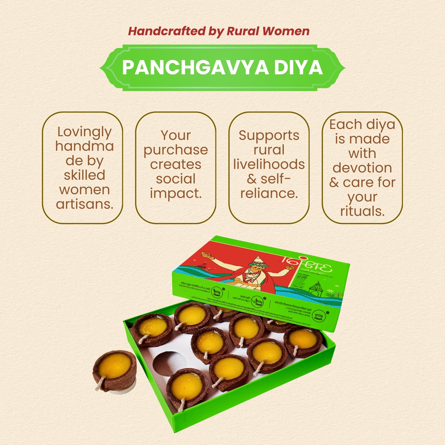 ABHANG Panchgavya Diya - Pack of 12 diyas,Charcoal Free, Long Lasting Natural Fragrance, Made By Cow Dung, No Artificial Essence