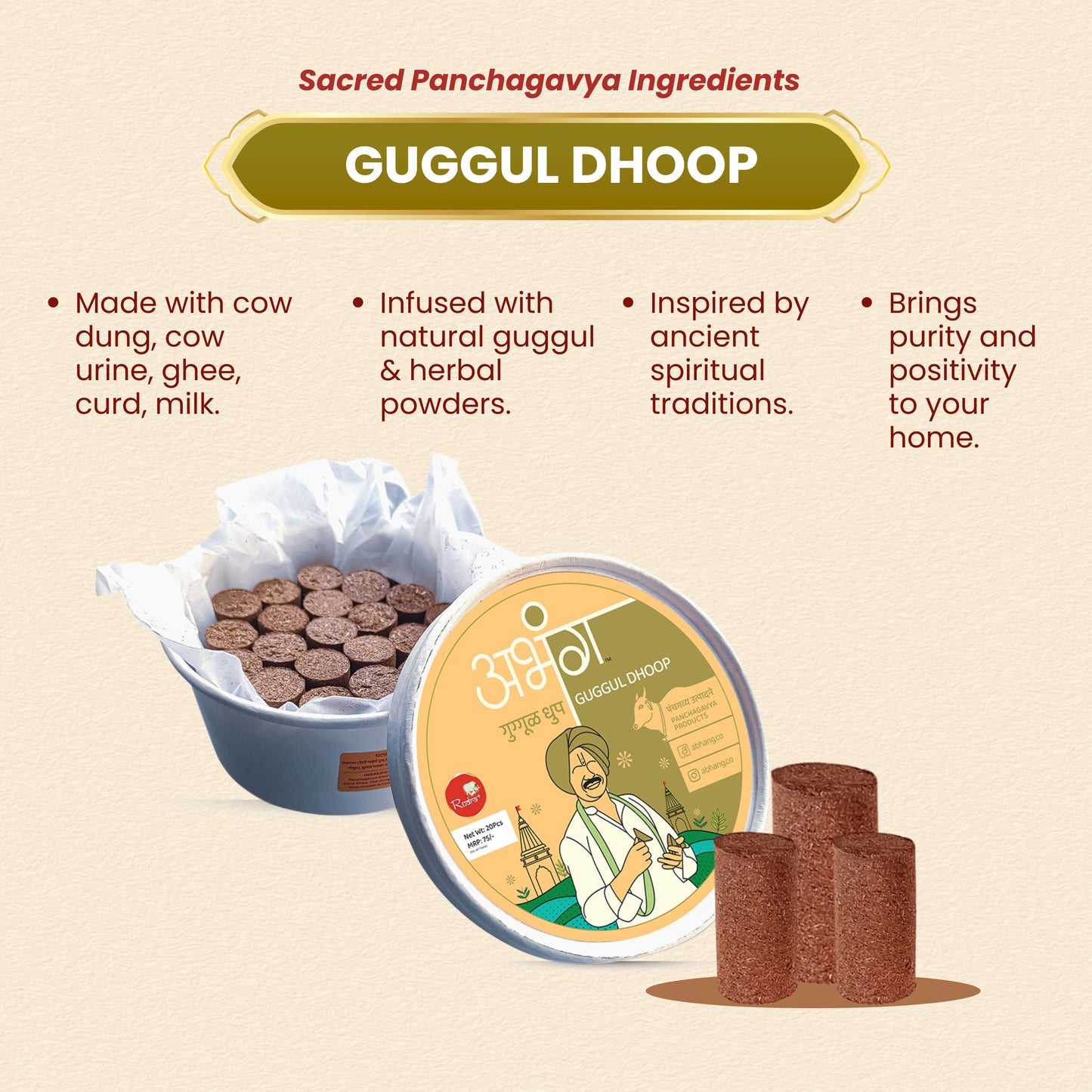 ABHANG Charcoal - Free GUGGUL Dhoop - Pack of 20 sticks | Long Lasting Natural Fragrance, Made By Cow Dung, No Artificial Essence