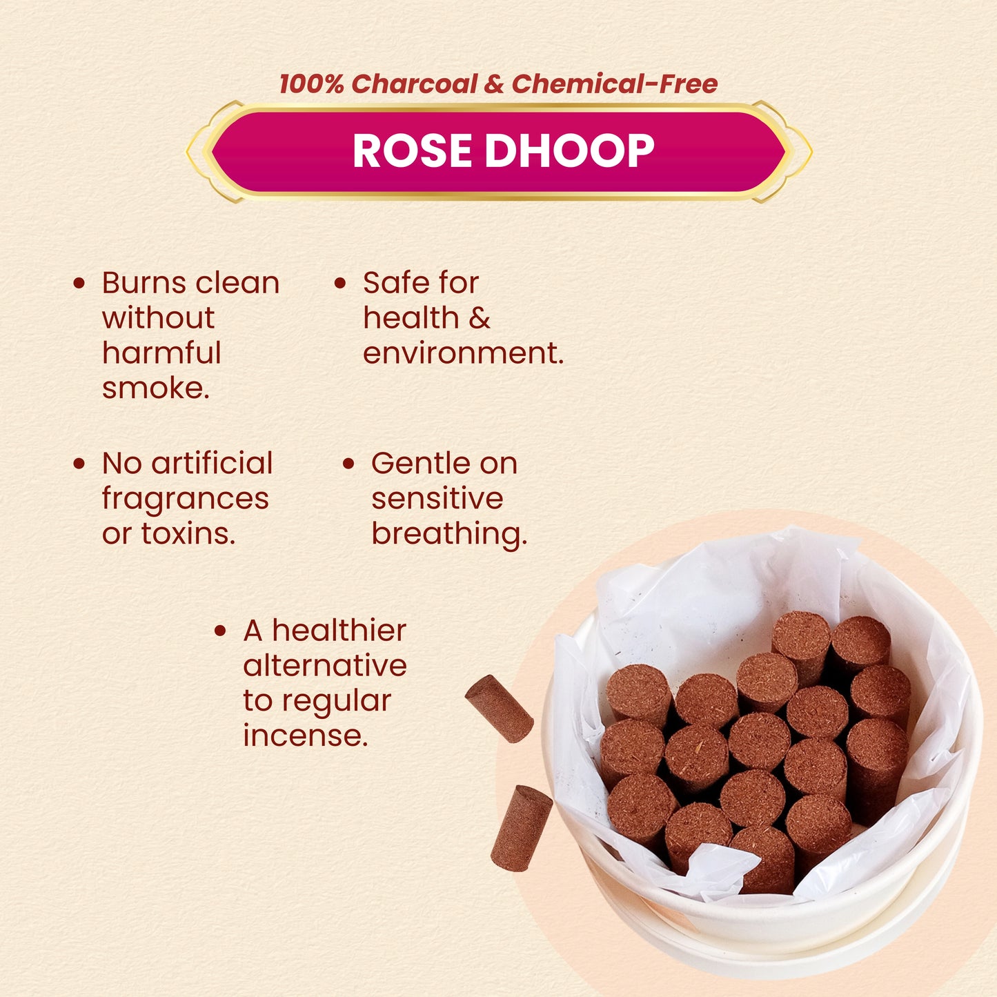 ABHANG Charcoal-Free ROSE Dhoop Sticks Pack of 20 sticks, Long Lasting Natural Fragrance, Made By Cow Dung, No Artificial Essence