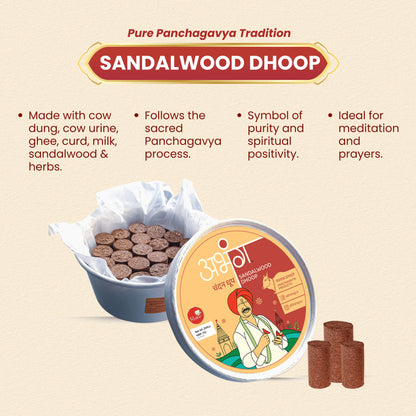 ABHANG Charcoal - Free SANDALWOOD/Chandan Dhoop-Pack of 20 sticks | Long Lasting Natural Fragrance, Made By Cow Dung, No Artificial Essence