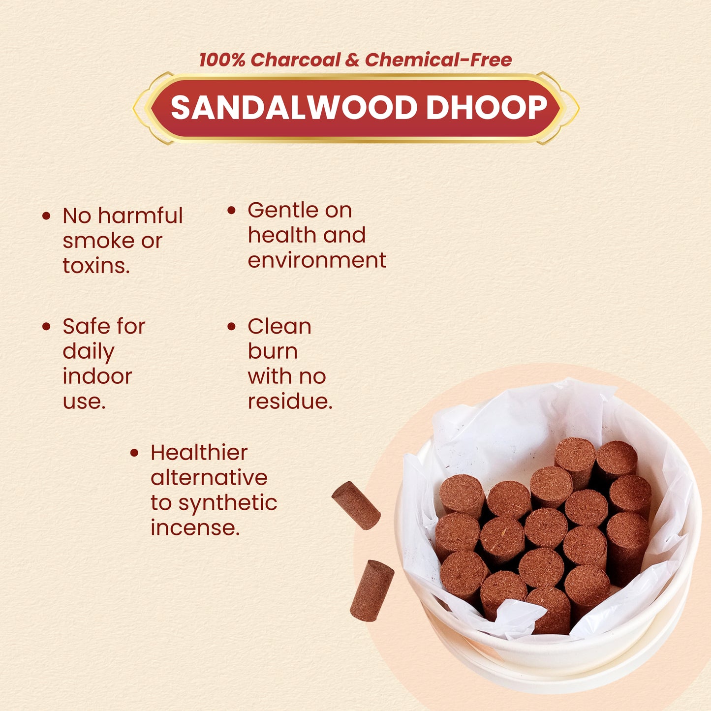 ABHANG Charcoal - Free SANDALWOOD/Chandan Dhoop-Pack of 20 sticks | Long Lasting Natural Fragrance, Made By Cow Dung, No Artificial Essence