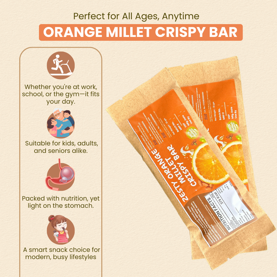 Zesty Orange Millet Crispy BAR 40g | Oats,Almond, Dates, Peanut & Super Seeds - No Added Sugar | मिलेट ऑरेंज बार