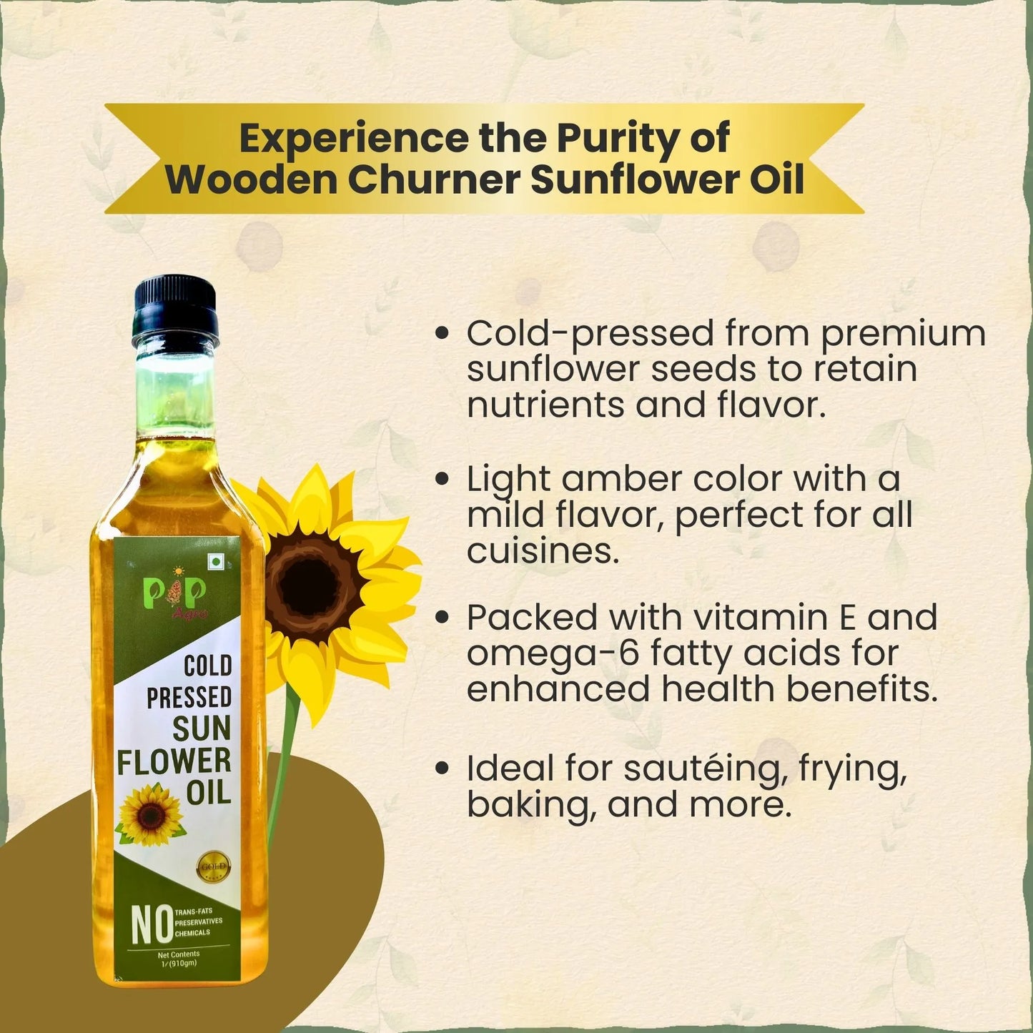 Wooden Churner Sunflower Oil - Cold Pressed 1 Ltr | सूर्यफूल तेल